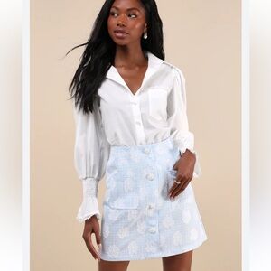 Sister Jane Rodeo Blue Tweed Floral Pearl Mini Skirt Size Medium